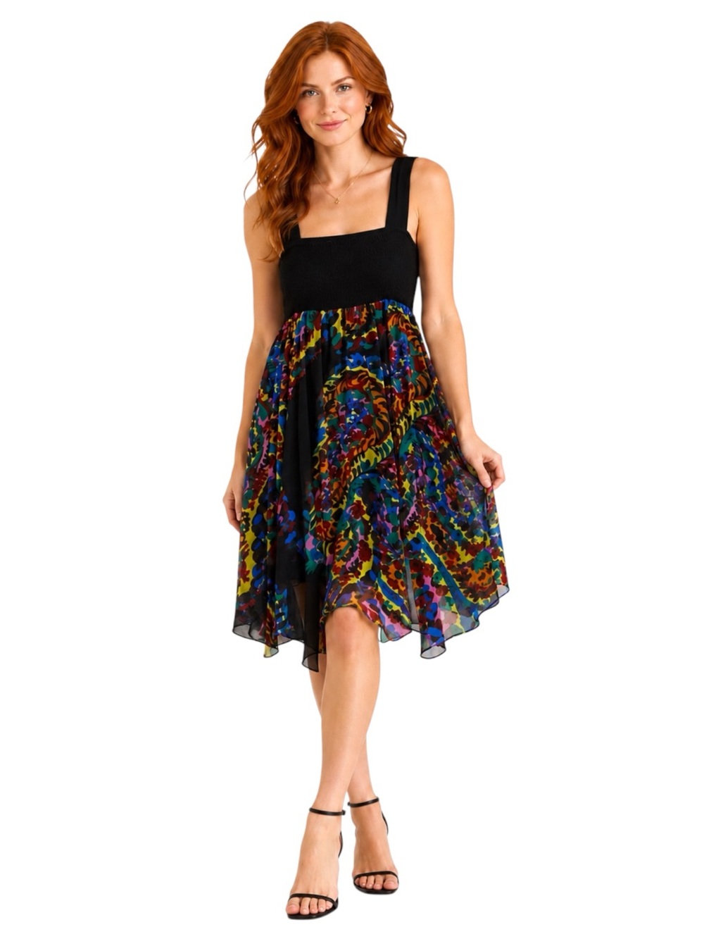 Zara Floral Smocked Chiffon Knee Length Dress in Black Multicolor